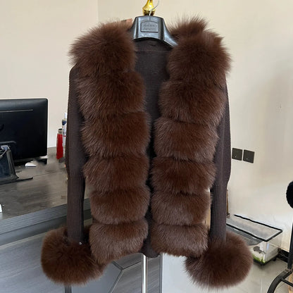 Women's Real Fox Fur Cardigan Jacket Spring and Autumn with Knitted Sweaters and Real Fox Fur Collar Women Raccoon Fur Cardigan