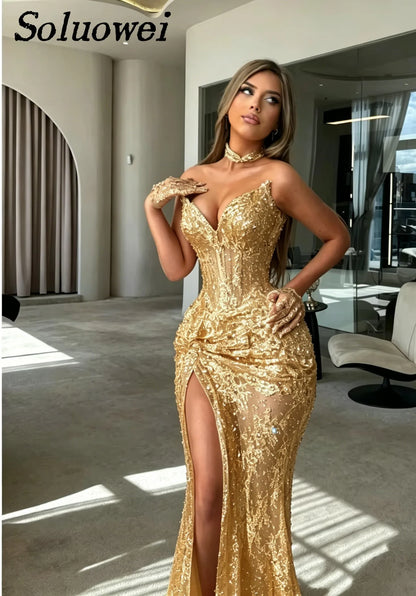 Customized Elegant Strapless Sweetheart Evening Dresses Corset Beaded Slit Luxury Mermaid Formal Prom Gown Vestidos De Noche