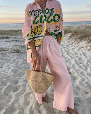 Summer Casual Shirts Two Piece Outfits 2 Pieces Set For Woman New In Matching Sets Blouse For Woman Temperament Vacation Printed