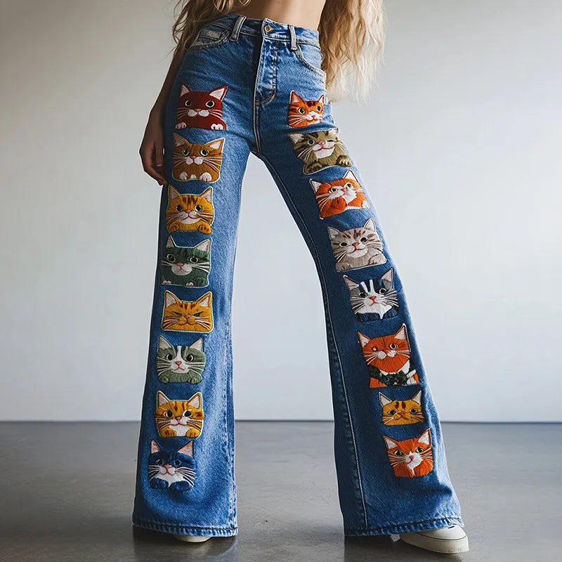 New 3D Digital Print Women's Flare Jeans High Waist Slim Fit Stretchy Denim Bell Bottom Pants Casual Trendy Daily Wear