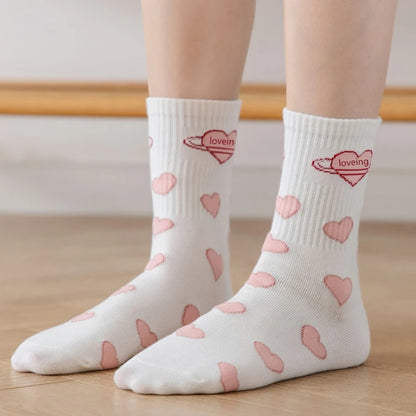 New Women Socks Cute Love With Heart Print Sock Cotton Harajuku Vintage Happy Female Dots Heart Kawaii Sox White Pink Crew Sock