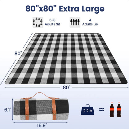 New 80"x 80"Picnic Blanket Extra Large Waterproof and Foldable Beach MatOutdoor for 8 Adults Camping Park Beach Grass Indoors