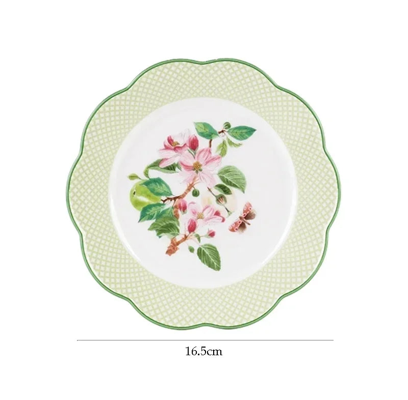 Ceramic Plate Household Bone China Dinner Plate Set Vintage Green Flower Dishes Tableware Oval Large Tray Dinnerware Sets