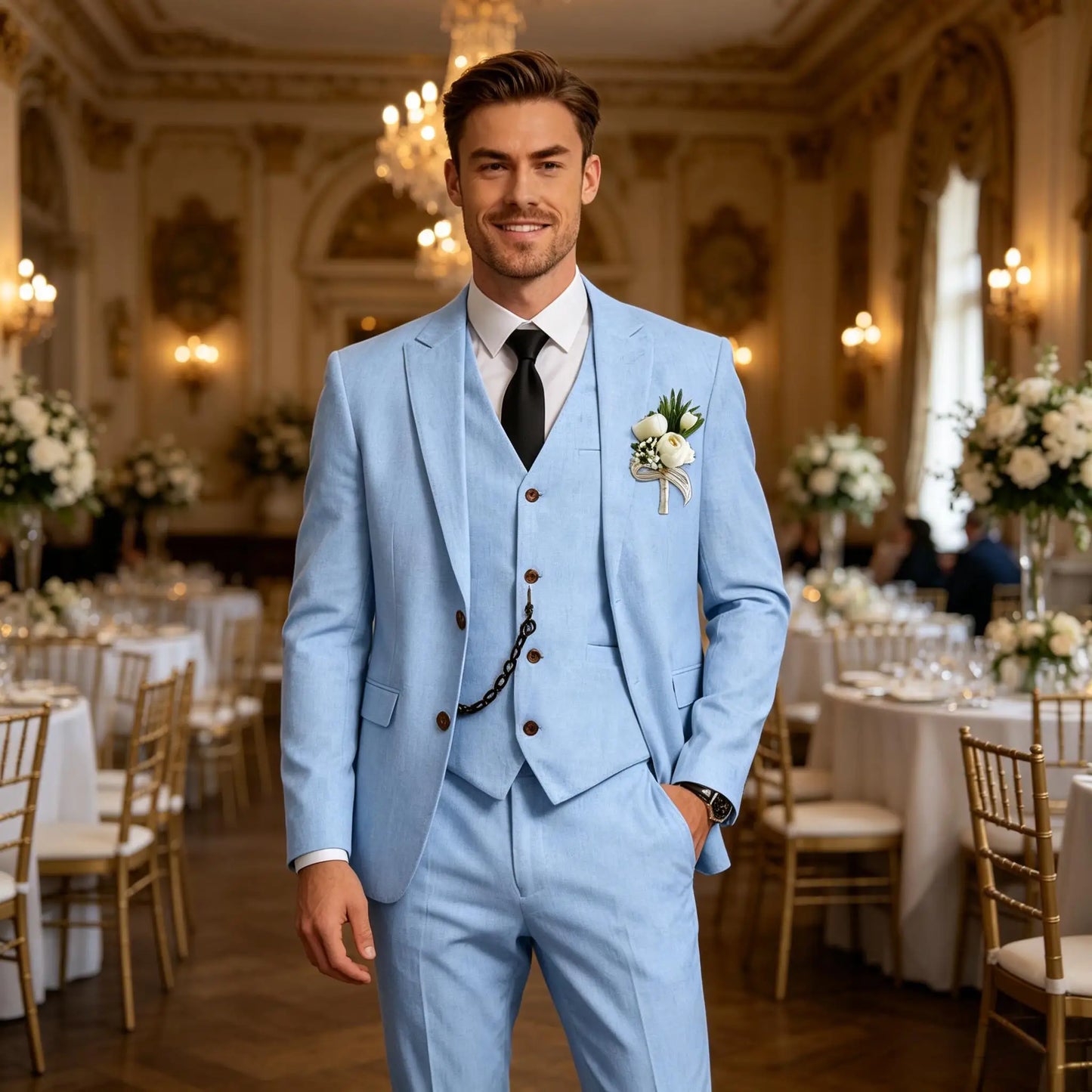 Men's 3 Piece Linen Suit, Slim Fit Notch Lapel Single Breasted Blazer Vest Pants Set Breathable Casual Business Wedding Suit