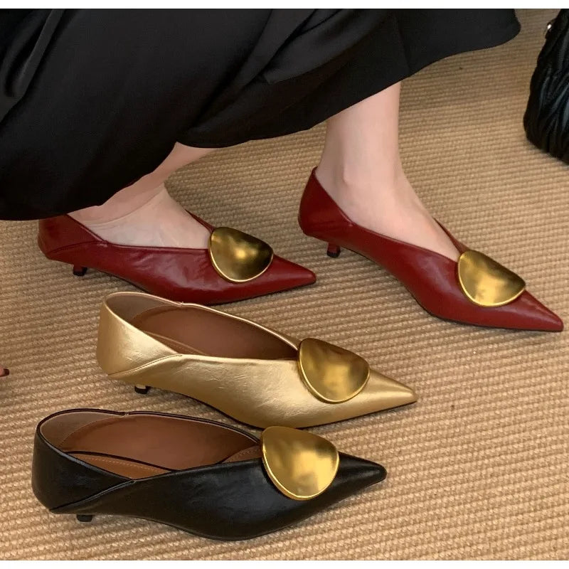 New Designer Pointed Toe Women High Heel Shoes Fashion Gold Metal Shallow Slip on Single Shoes Thin Low Heel Dress Pumps