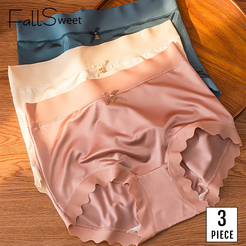 FallSweet 3Pcs Ice Silk Panties for Women Seamless High-Rise Briefs Plus Size Underwear Boyshort Sexy Lingerie for Everyday Wear