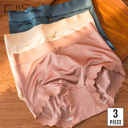 FallSweet 3Pcs Ice Silk Panties for Women Seamless High-Rise Briefs Plus Size Underwear Boyshort Sexy Lingerie for Everyday Wear