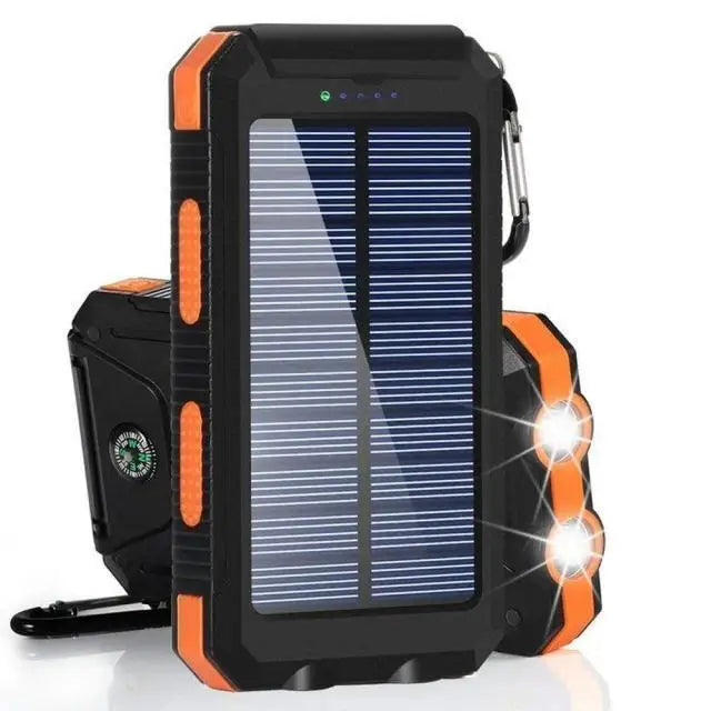 Rugged Solar Power Bank – Waterproof Outdoor Portable Charger with Dual LED Flashlights & Compass, High-Capacity External Battery Pack for Camping, Hiking, and Emergencies