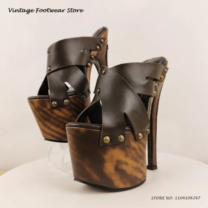 Studded Leather Platform Mules Round Open Toe Wooden Effect Thin High Heels Shoes Women's Summer Punk Style Fashion Slippers