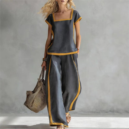 Fashion Square-neck Short-sleeved Wide-leg Trousers Women 2piece Summer New Casual Retro Pocket Trousers Female Office Suit 2026