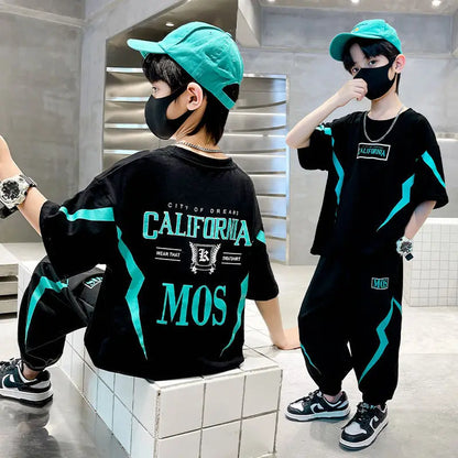 2026 Summer Boys Clothes Set Letter Top & Pants 2 Pieces Suit Teenage Boy Print Tracksuit Cool Boy Style Children Outfit