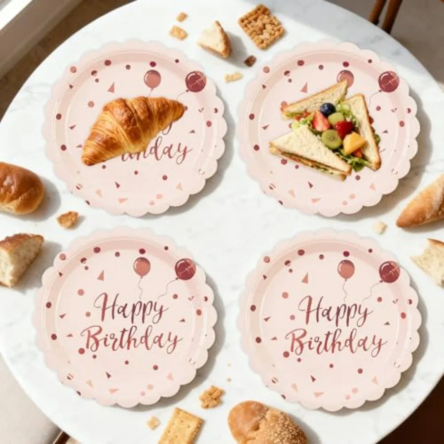 48PCS Happy Birthday Plates and Napkins Party Supplies-Disposable and Gold Scalloped Dessert Cake Plates Napkins Forks Tablewar