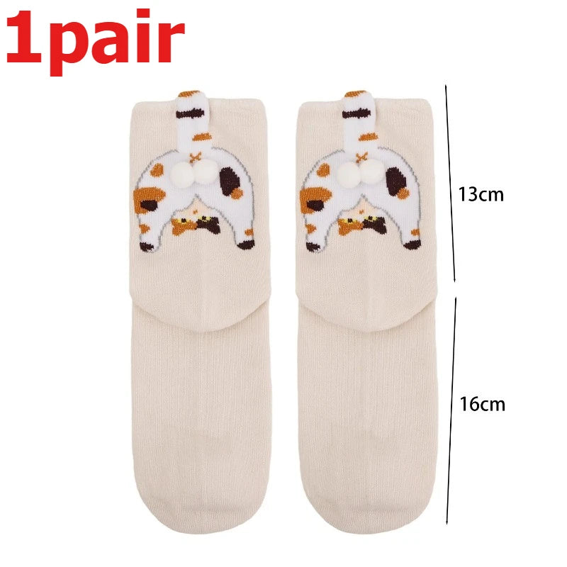 4pcs Funny Abstract 3D Cat Butt Mid-Tube Socks Cartoon Quirky Cotton Casual Socks Cat Egg Floor Sock for Cute Girls Couple Gifts