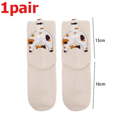 4pcs Funny Abstract 3D Cat Butt Mid-Tube Socks Cartoon Quirky Cotton Casual Socks Cat Egg Floor Sock for Cute Girls Couple Gifts