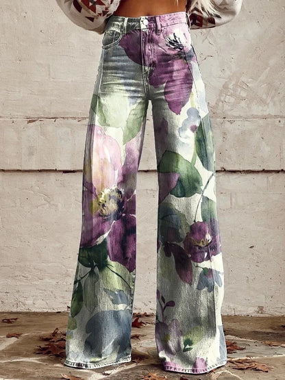 Women's 3D Printed Flare Jeans-Polyester Wide Leg Pants with Distressed Vintage Look, High Waist Comfort Fit for Street Fashion