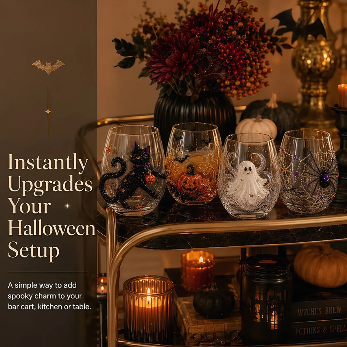 3D Halloween Artisan Glassware Collection Witchy Gothic Glass Set Manual Stemless Wine Glasses for Luminous Fall Sips Gifts
