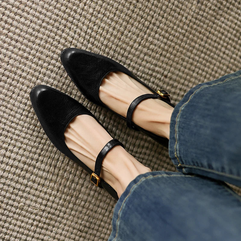 2025 New Spring Women Pumps Sheepskin Leather Women Shoes Pointed Toe Med Heel Concise Slip-on Shallow Handmade Shoes Mary Janes
