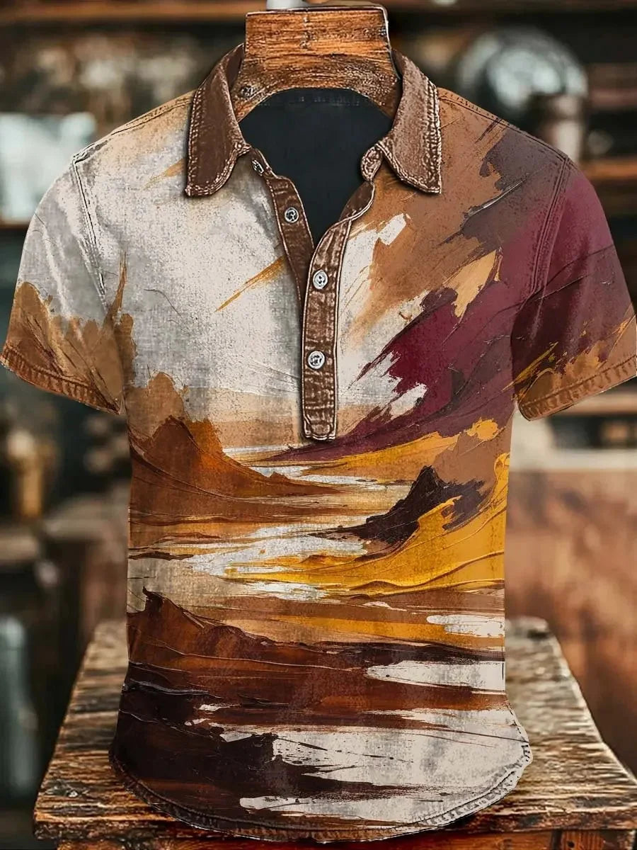 New American Retro Military Style Short Sleeved Polo Shirt with Red, Green, Black Camouflage Printed Casual Shirt
