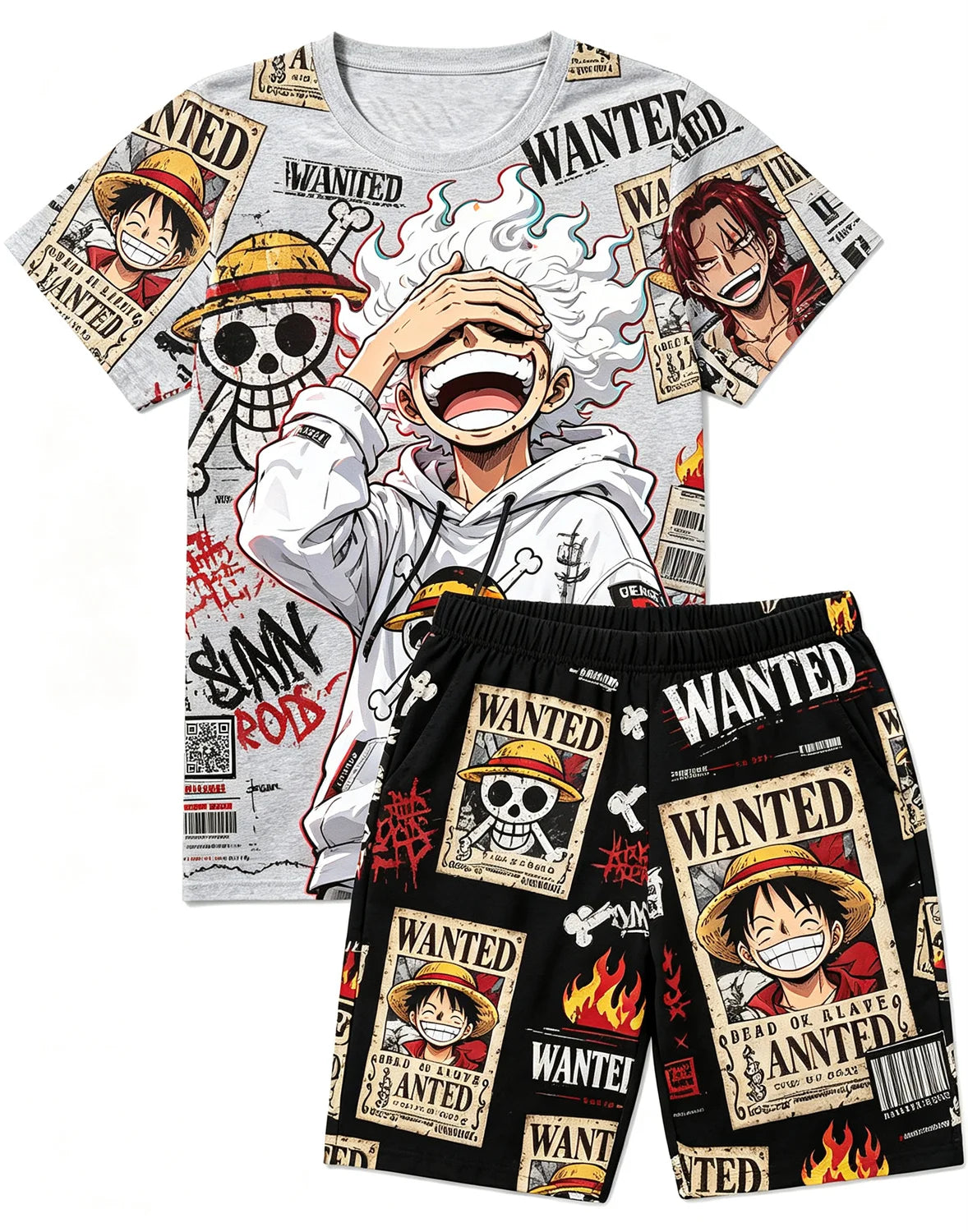 Bandai One Piece D Luffy Laugh Anime Print T-Shirt Drawstring Shorts