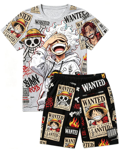 Bandai One Piece D Luffy Laugh Anime Print T-Shirt Drawstring Shorts