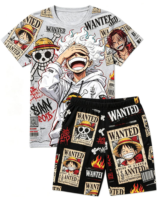 Bandai One Piece D Luffy Laugh Anime Print T-Shirt Drawstring Shorts