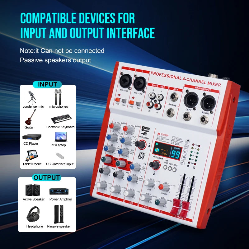 MW4 Professional 4 Channel Audio Mixer | 99 DSP Effects, +48V Phantom Power, USB Sound Console for Live Streaming, Karaoke, Studio Podcast