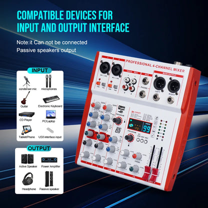 MW4 Professional 4 Channel Audio Mixer | 99 DSP Effects, +48V Phantom Power, USB Sound Console for Live Streaming, Karaoke, Studio Podcast