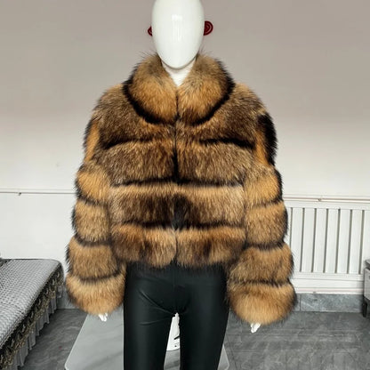BEIZIRU Women's Real Raccoon Fur Coat Winter Long Sleeve Hooded Jacket with Turndown Collar Natural Luxury Thick Top