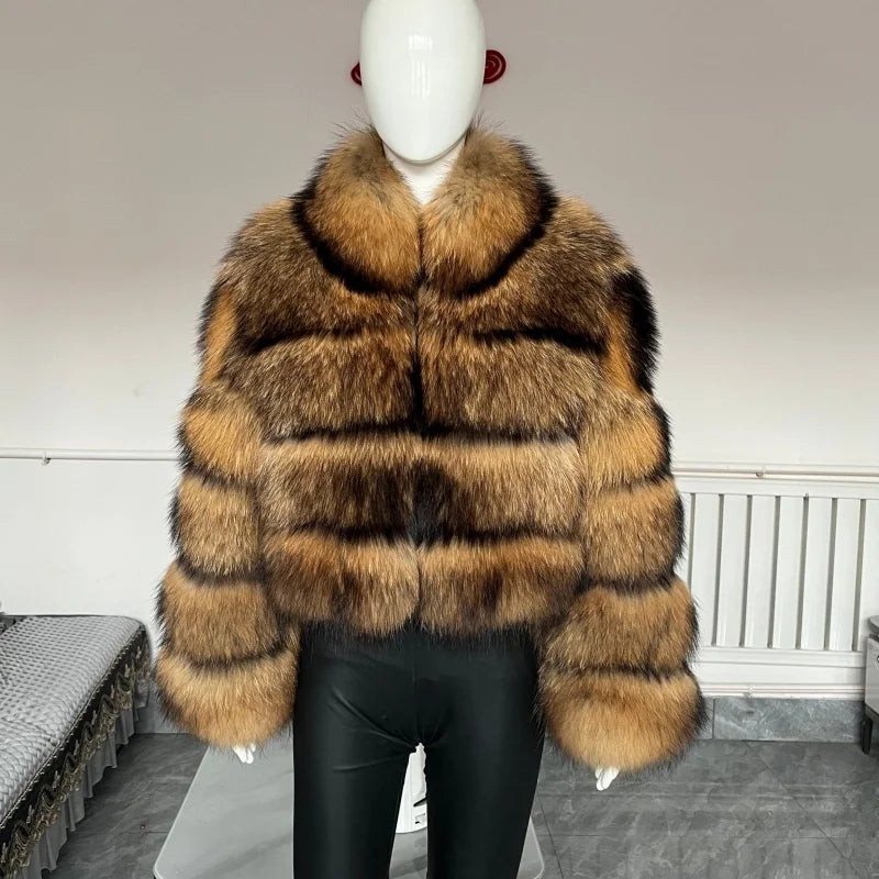 BEIZIRU Women's Real Raccoon Fur Coat Winter Long Sleeve Hooded Jacket with Turndown Collar Natural Luxury Thick Top