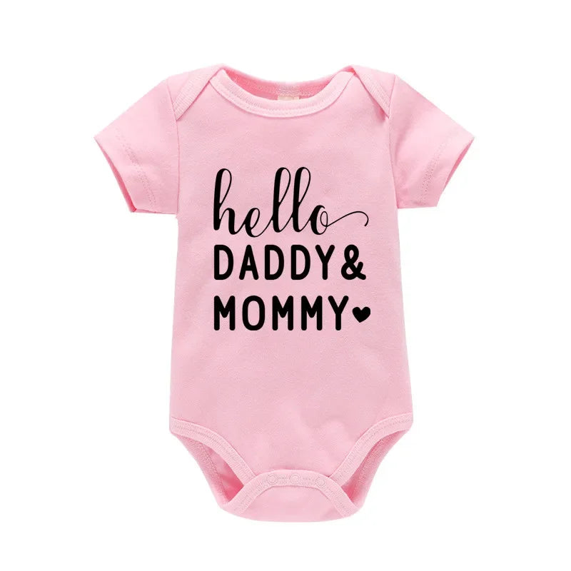 Hello Daddy Mommy Newborn Baby Bodysuit Pure Cotton Short Sleeve Summer Jumpsuit Cute Baby Onesie