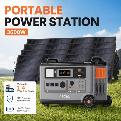 OSCAL PowerMax 3600SE Portable Power Station With 200W Solar Panel, 3600Wh LiFePO4 Battery, Solar Generator optional 200W Solar Panel, 3600W (Surge 7200W) Fast charging Home Backup Battery, Power Supply for Camping, RV