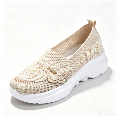 2026 Summer Women Breathable Knit Floral Embroidery Platform Loafers Slip On Walking Shoes Lightweight Soft Cushion Insole Anti Slip Wedge Sole Comfort Casual Daily Outdoor Travel Nurse Footwear Black Khaki Green Multiple Siz