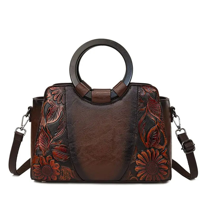 2026 New Vintage Chinese Leather Carved Leather Handbag Women Embossed Versatile Cheongsam One-shoulder Crossbody Mother Bag