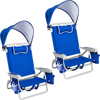 Extra Wide Beach Chair with Canopy Shade, 2 Pack Aluminum Folding Chairs with Detachable & Adjustable Umbrella, 5-Position Lay Flat, Cooler Bag, Cup & Phone Holder, Towel Bar, Royal Blue