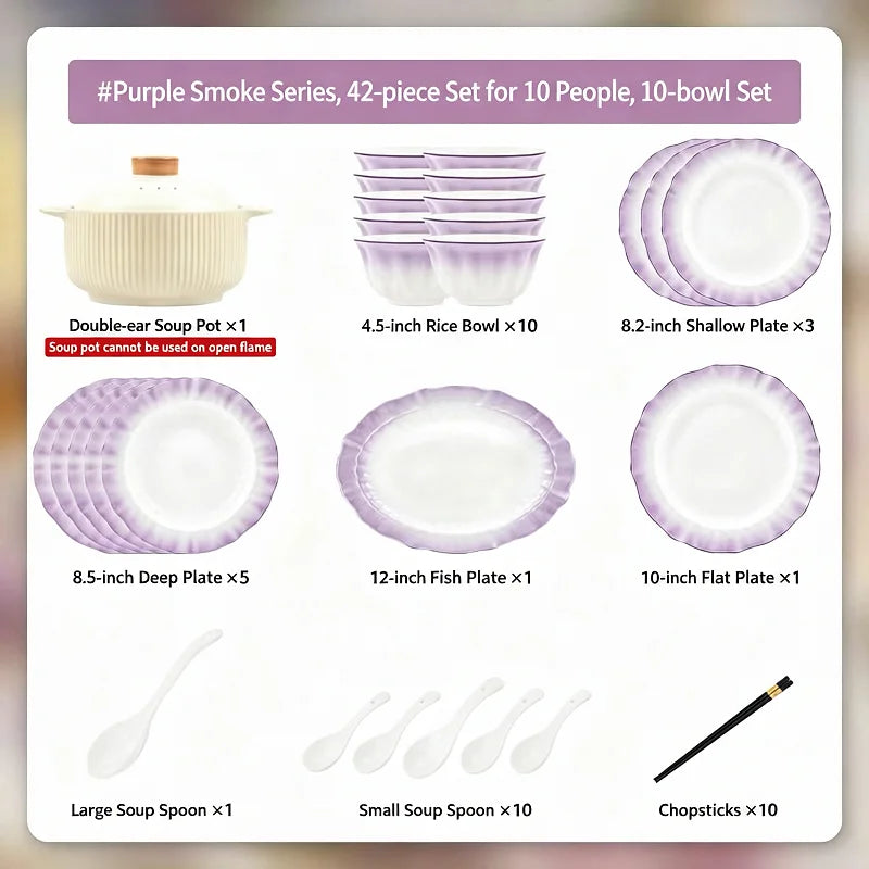 Kitchen Dishware Gift Box Set Gradient Purple Dishware Set Household French Ceramic Rice Bowls and Plates Set Household Smoky Purple Dyed Dishware