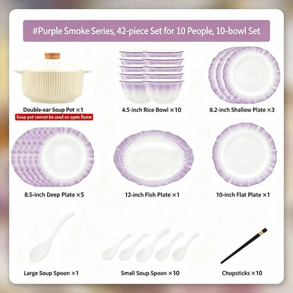 Kitchen Dishware Gift Box Set Gradient Purple Dishware Set Household French Ceramic Rice Bowls and Plates Set Household Smoky Purple Dyed Dishware