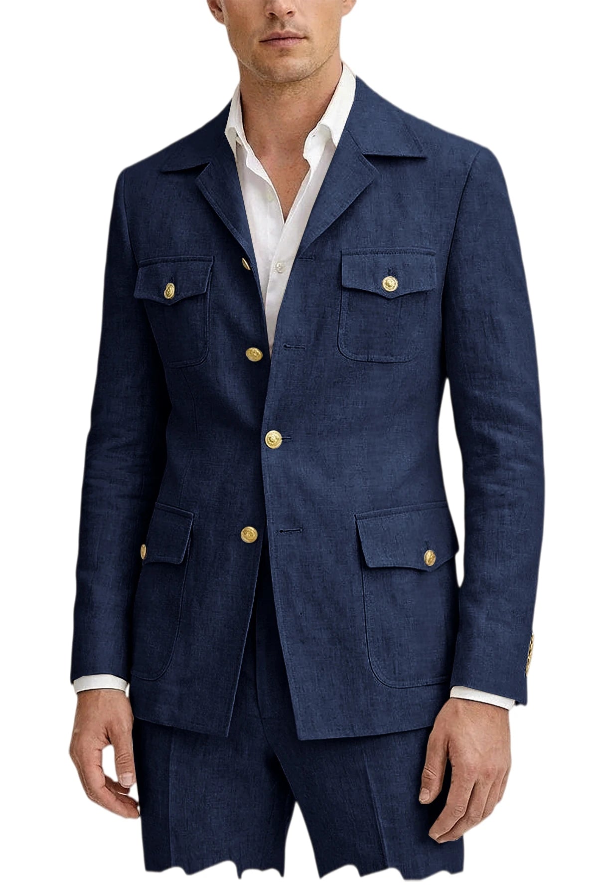 Men's Linen Suit 2 Piece Blazer Pants Set Multi-Pocket Safari Style Slim Fit Formal Business Casual Jacket Trousers for Summer