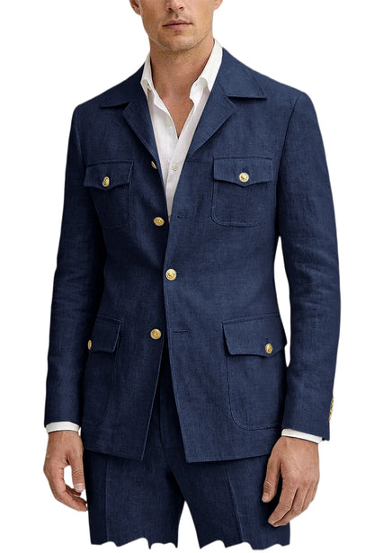 Men's Linen Suit 2 Piece Blazer Pants Set Multi-Pocket Safari Style Slim Fit Formal Business Casual Jacket Trousers for Summer