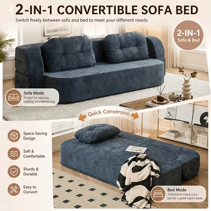 Vacuum Compressed Sofa Bed Convertible 2 in 1 Folding Couch with Soft Cushions Space Saving Floor Sofa for Living Room Bedroom Apartment Guest Room Lounge Modern Upholstered Sleeper Sofa in Blue or Green Easy Setup Comfortabl