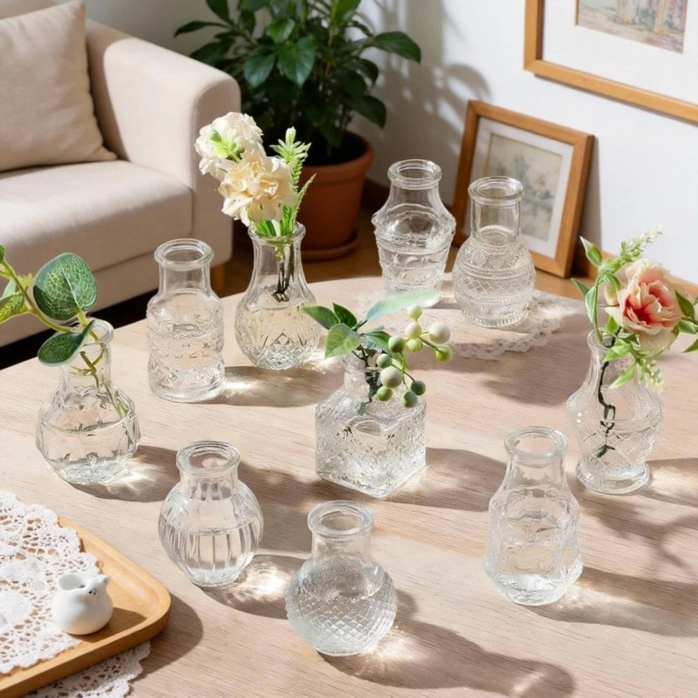 10/20Pcs Mini Glass Vase Modern Clear Hydroponic Flower Vase Retro Relief European Home Desktop Scene Wedding Party Decoration