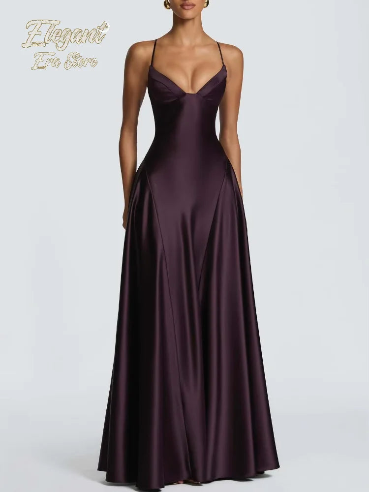 Solid Color Satin Bustier Women Maxi Dress Fashion Yellow Spaghetti Strap V Neck Waist-cinching Dresses 2026 New Party Vestidos