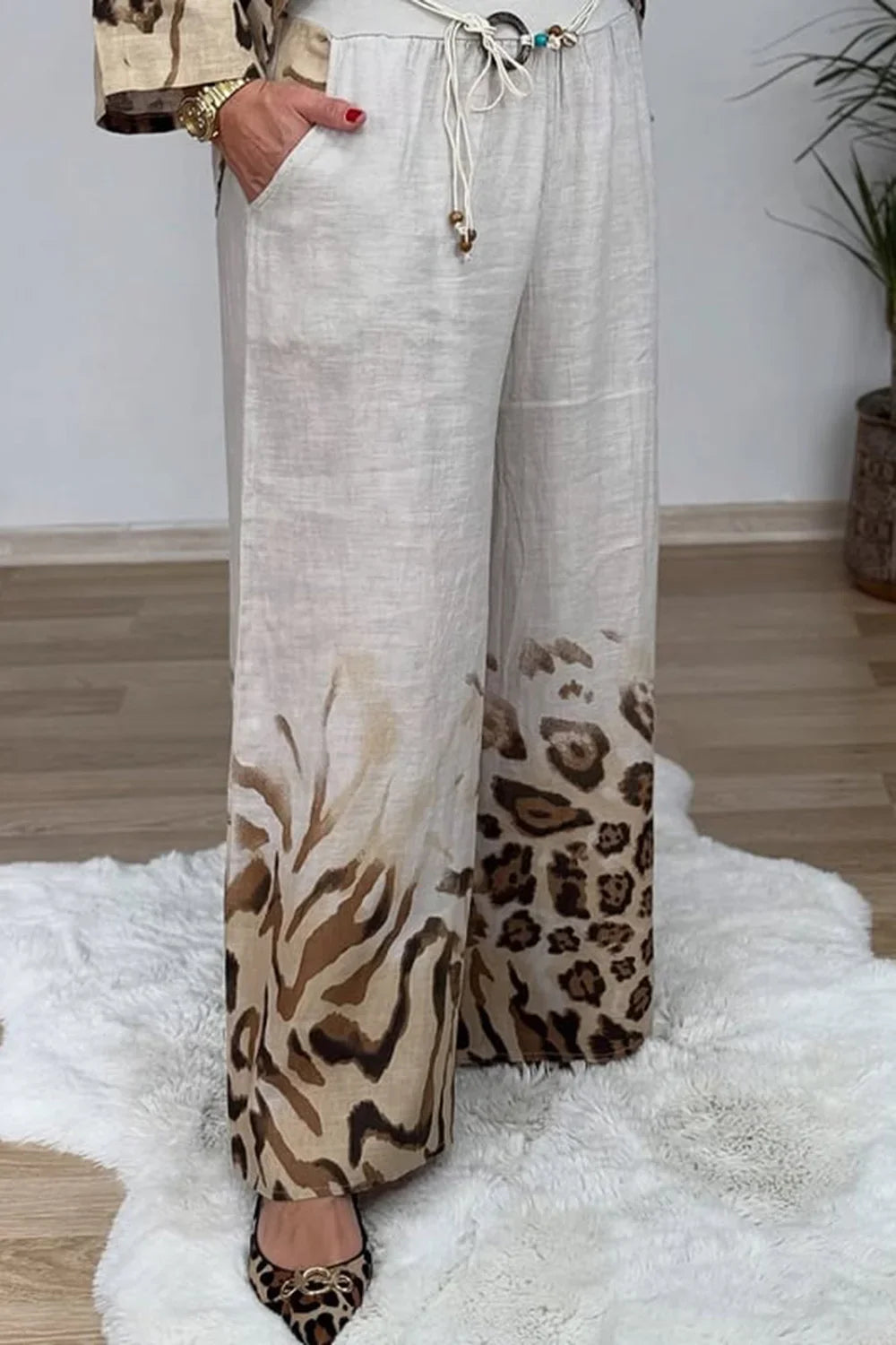 Women Leopard Printed Plus Size Casual Two Piece Set Long Sleeve Round Meck Vintage Wide Leg Pant and Loose T Shirt Matching Set