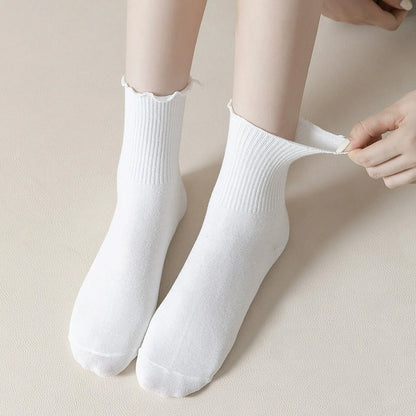 1/5 Pairs Women Ruffle Frilly Socks Black White Novelty Funny Ankle Socks Cute Solid Breathable Fashion Crew Socks