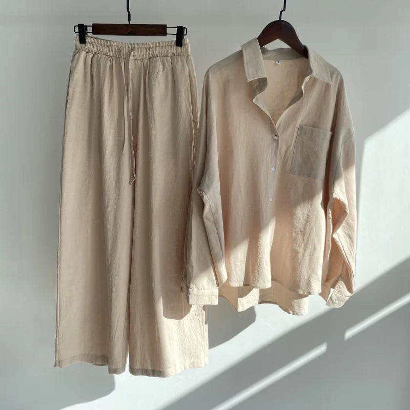 Cotton And Linen Solid Color Pant Sets Women Single-breasted Shirts And Drawstring Loose Wide Legs Trousers Two Piece Set Casual