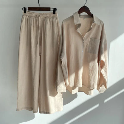 Cotton And Linen Solid Color Pant Sets Women Single-breasted Shirts And Drawstring Loose Wide Legs Trousers Two Piece Set Casual