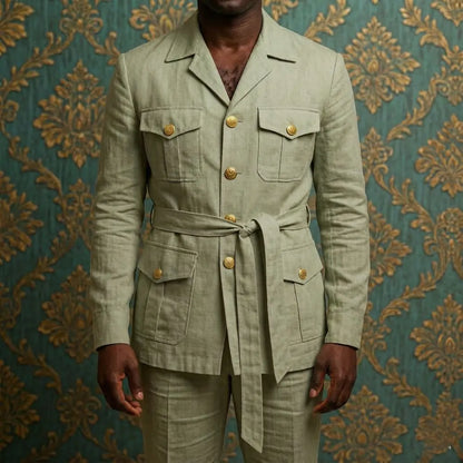Mens Off White Linen Safari Suits 2 Piece Notched Lapel Prom Suit with Belt Gold Buttons Multi Pockets Beach Summer Wedding