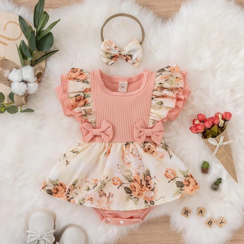 Baby Girls' Floral Romper Dress | Ruffle Shoulders & Bow Details | Everyday Wear, Portraits & Celebrations