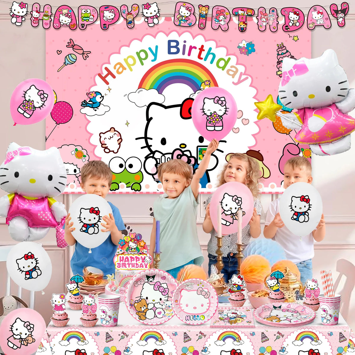124 Pcs Hello Kitty Party Decorations & Tableware Set - Kitty Plates Backdrop Balloon Banner Etc Hello Kitty Birthday Decoration