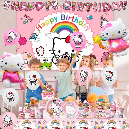 124 Pcs Hello Kitty Party Decorations & Tableware Set - Kitty Plates Backdrop Balloon Banner Etc Hello Kitty Birthday Decoration
