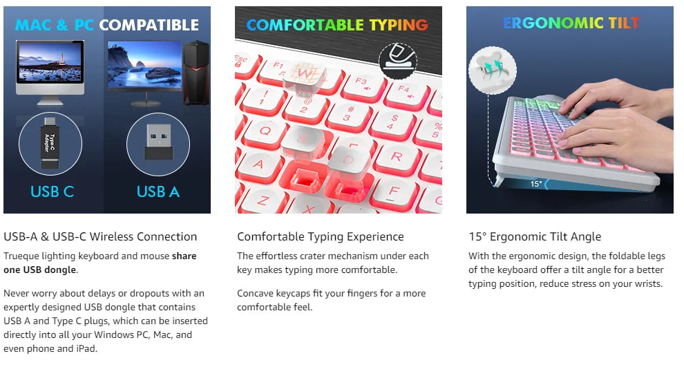 USB Wireless Keyboard and Mouse Set RGB Backlit Rechargeable Light Up Letters Full-Size Wireless Keyboard for Computer